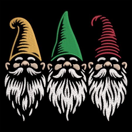 Three Gnome Heads on Black machine embroidery design Christmas festive
