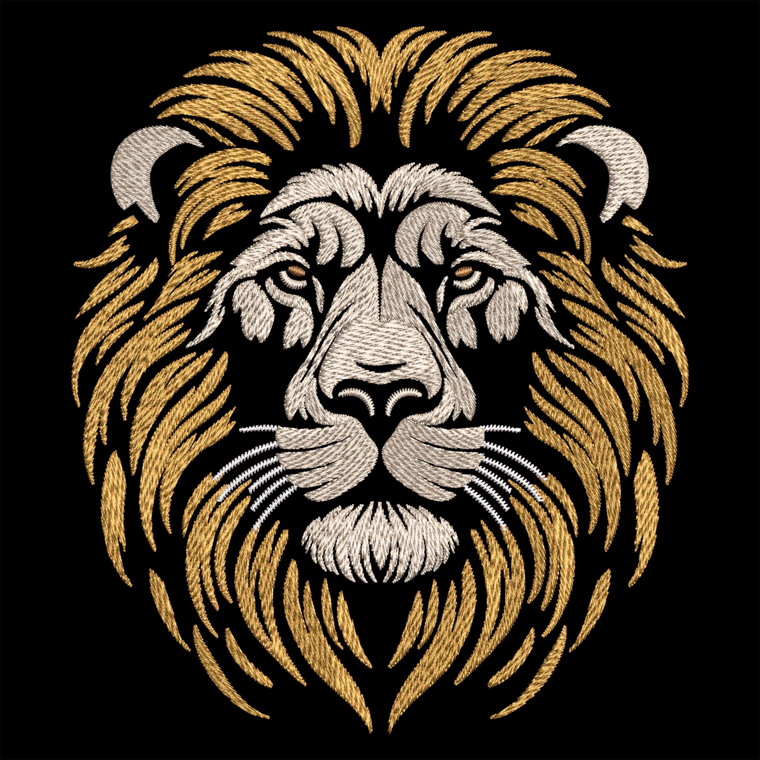 Front View Noble Lion Head embroidery design Regal Animal on Black Fabric Front View Noble Lion Head embroidery design Regal Animal on Black Fabric