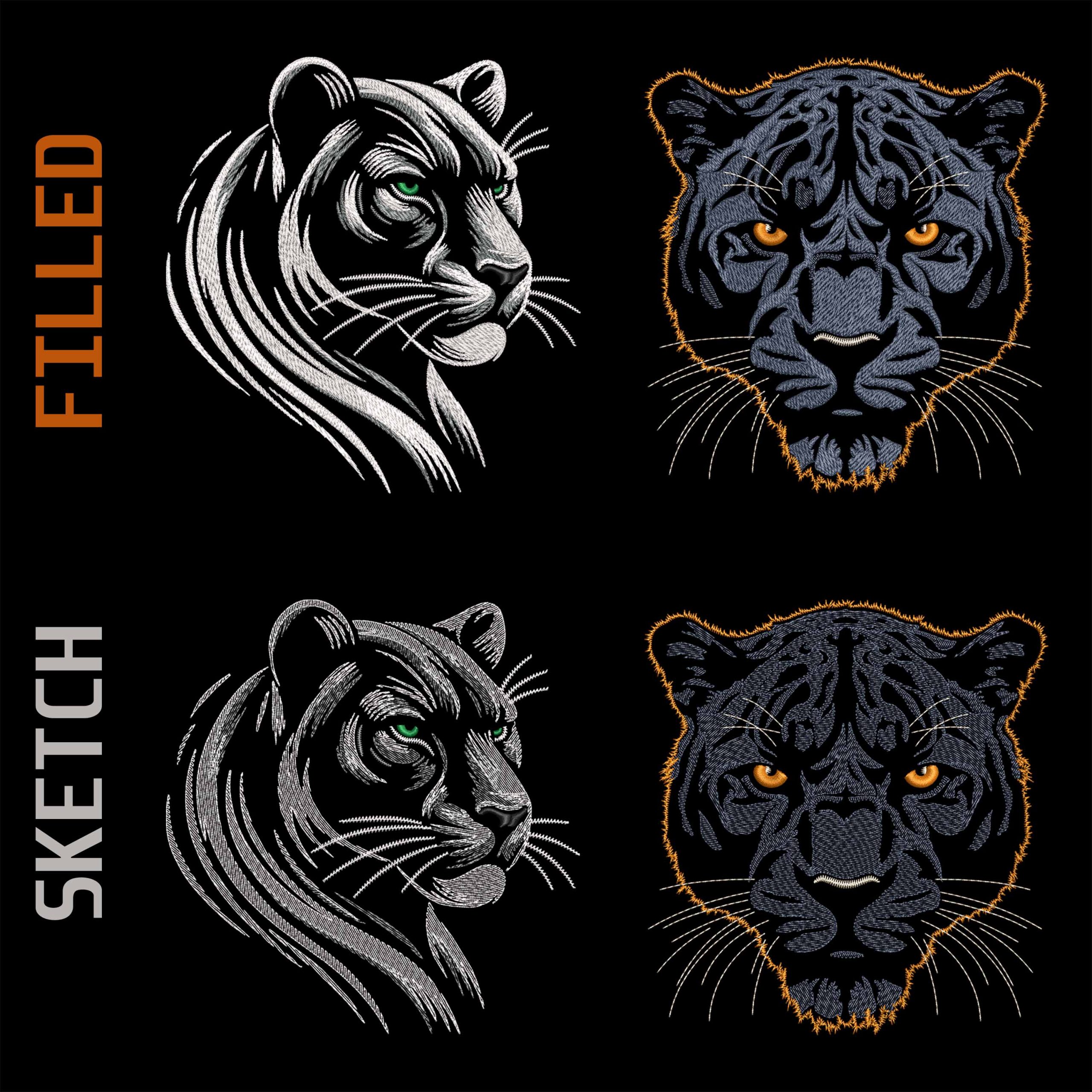 Mystic Panther Head embroidery designs Bundle Fill and Quick Stich Jungle Feline